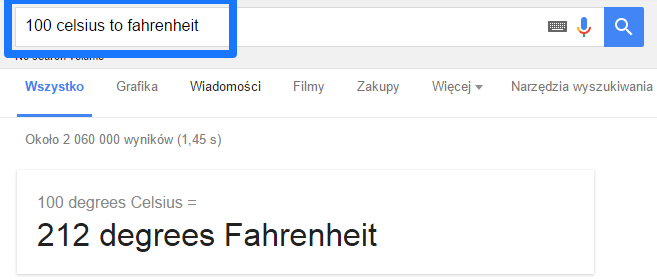 Przeliczanie jednostek temperatury za pomocą Google